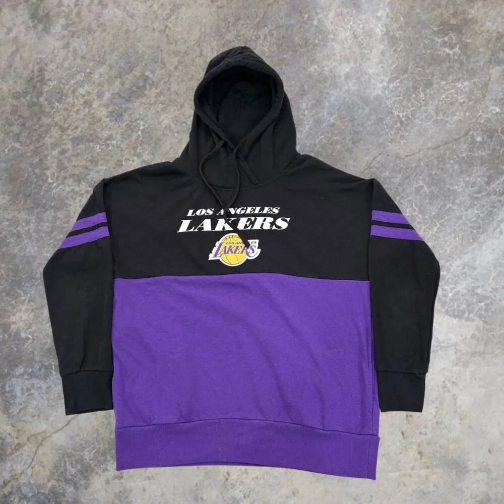 NBA Los Angeles Lakers Hoodie Mens XL Black Purple Pullover Color Block Sweater